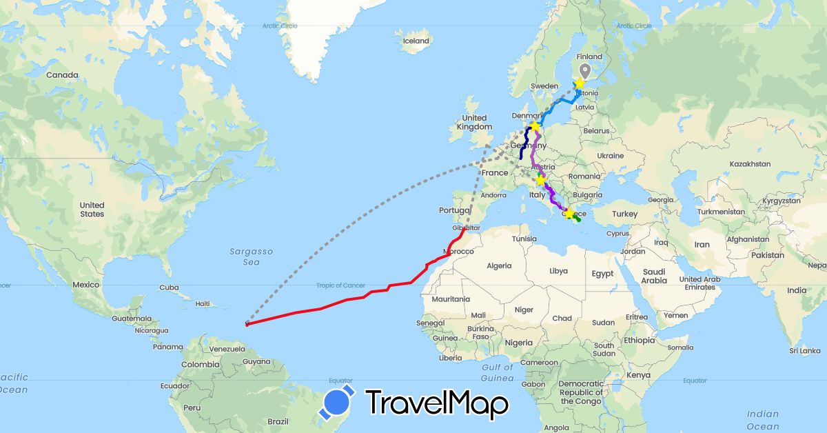 TravelMap itinerary: driving, bus, plane, cycling, train, boat, 2023, 2024, 2025, catamaran in Germany, Estonia, Spain, Finland, France, United Kingdom, Gibraltar, Greece, Croatia, Italy, Saint Lucia, Latvia, Morocco, Sweden (Africa, Europe, North America)